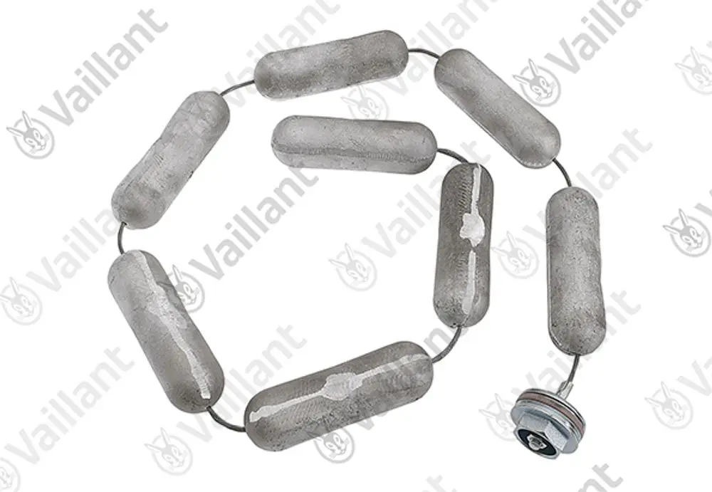 Kettenanode mit mehreren Gliedern, erkennbar an den ovalen Segmenten und einem Anschluss, geeignet für Vaillant Produkte zur Wassererwärmung.